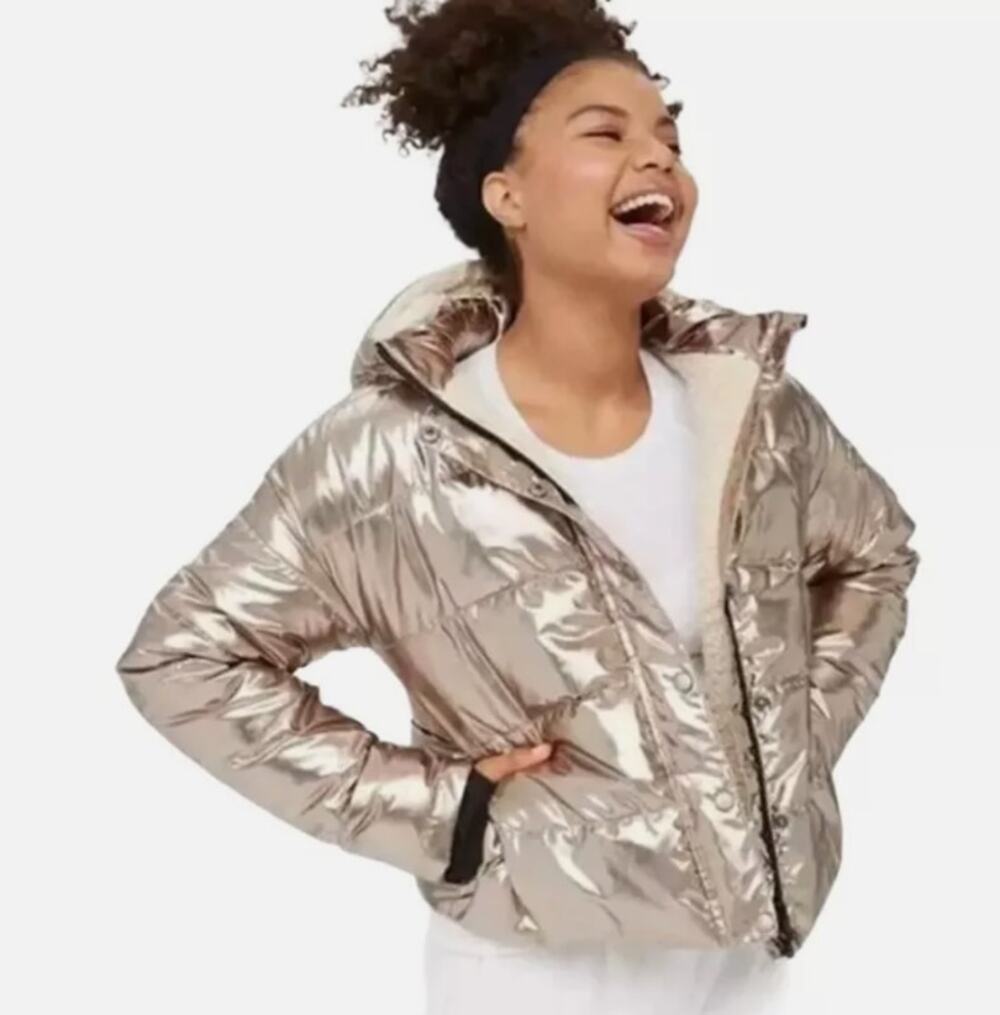 Aerie Offline NWT $129 XS Metallic Gold Puffer Coat Sherpa Lined